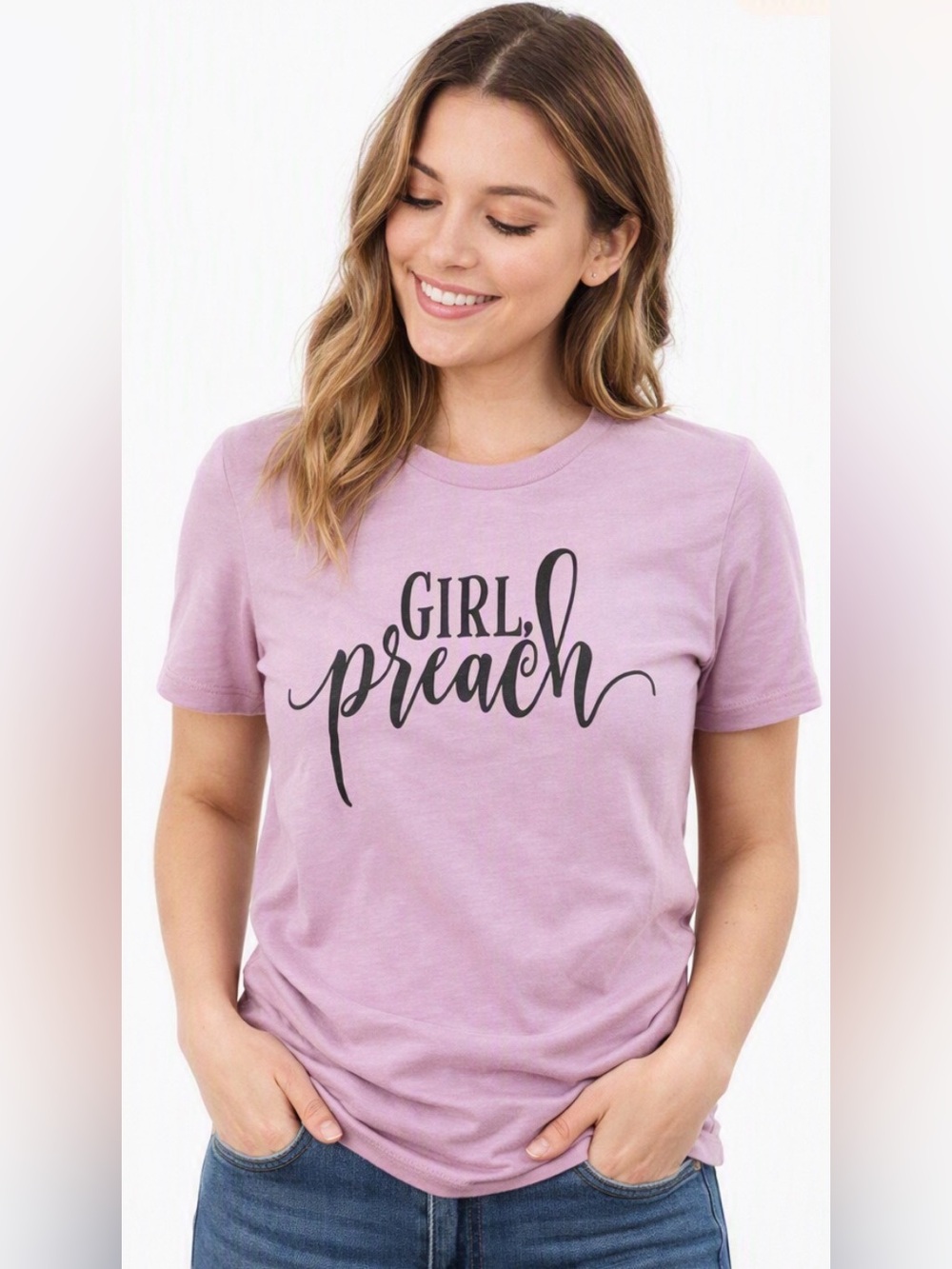 Bella Canvas LA Womens Graphic Tee “Girl, Preach!” In Pale Pink sz M